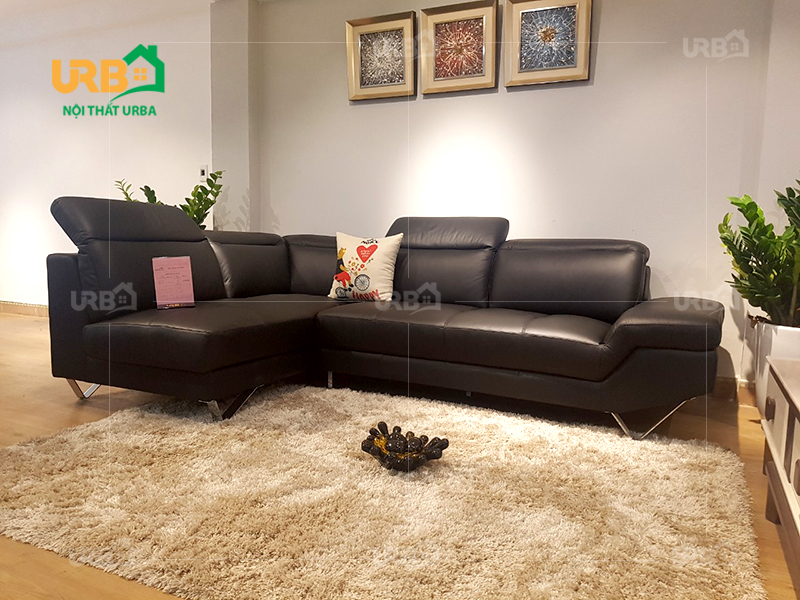 bộ sofa phòng khách màu đen chân tam giác inox